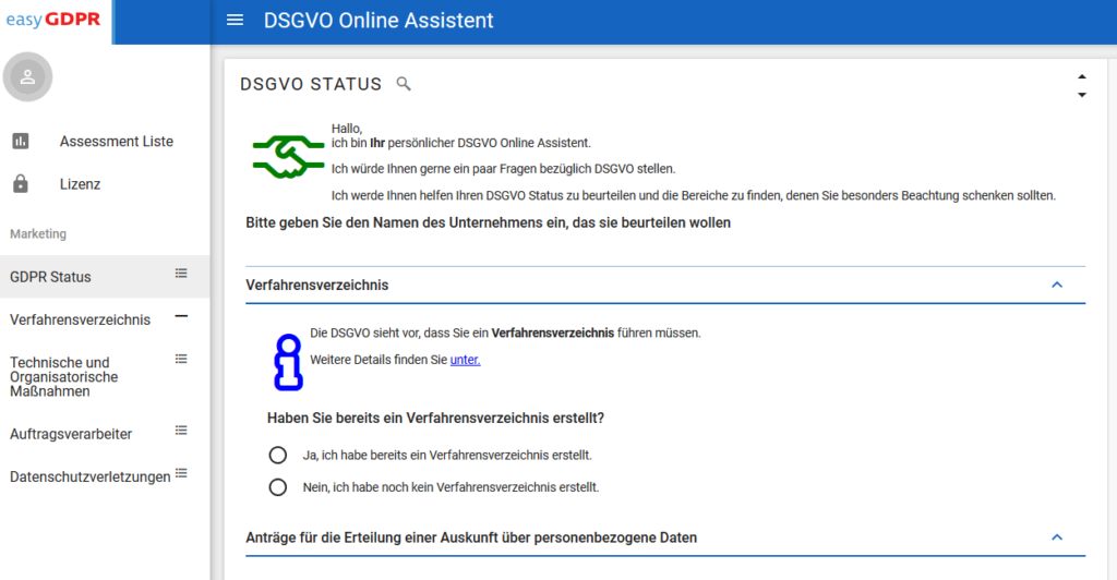 Screenshot of the easyGDPR quick test to determine your DSGVO status